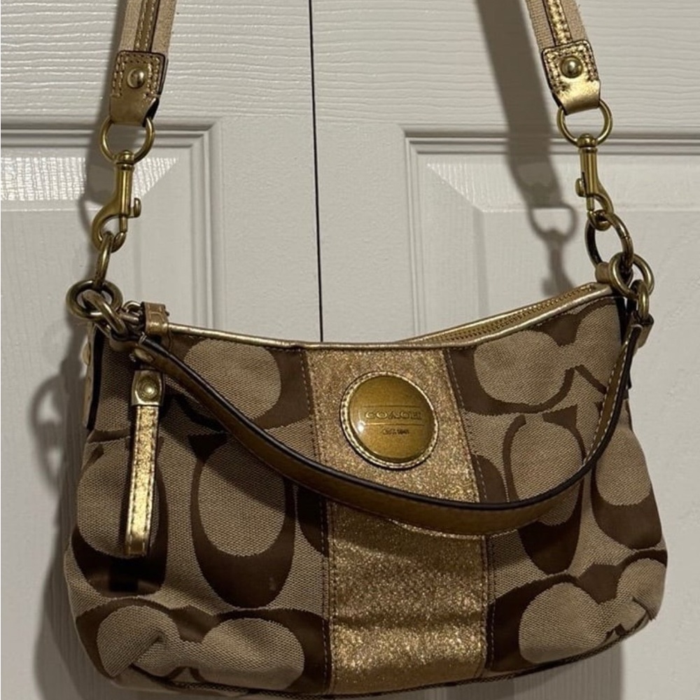 Coach Tan and Gold Shoulder Bag